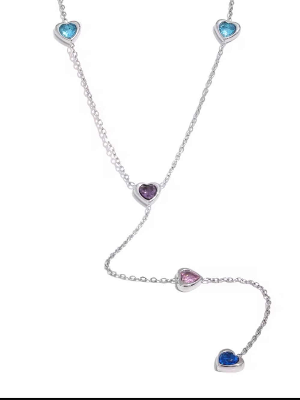 Stainless Steel Multi-Heart Station Necklace with Pink, Blue & Purple Stones